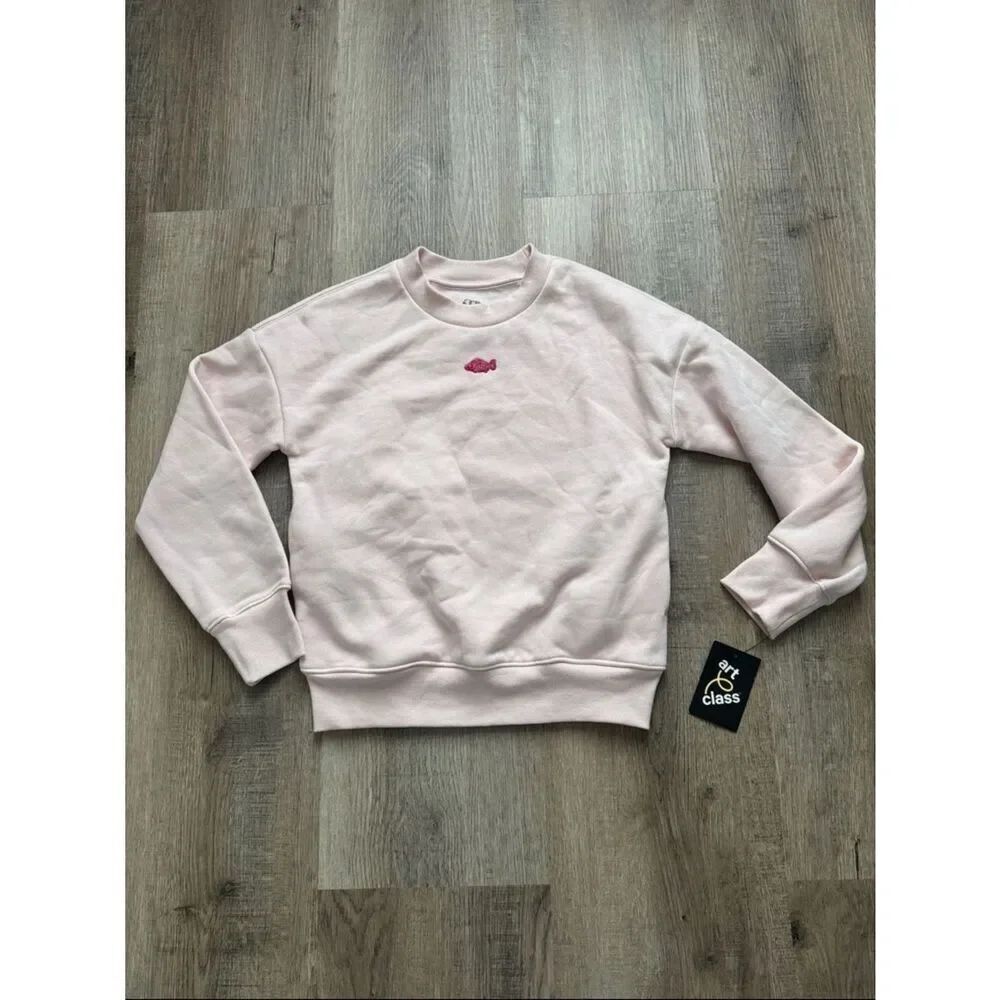Art Class Girls Light Pink Crewneck Sweater with Embroidered Fish